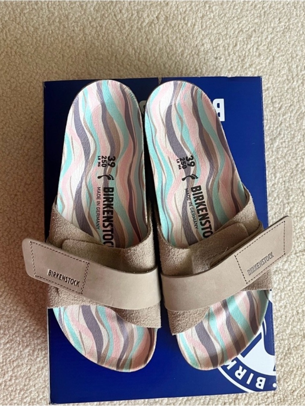 NEW Birkenstock Tan Suede Slide Sandals with Multicolor Footbed